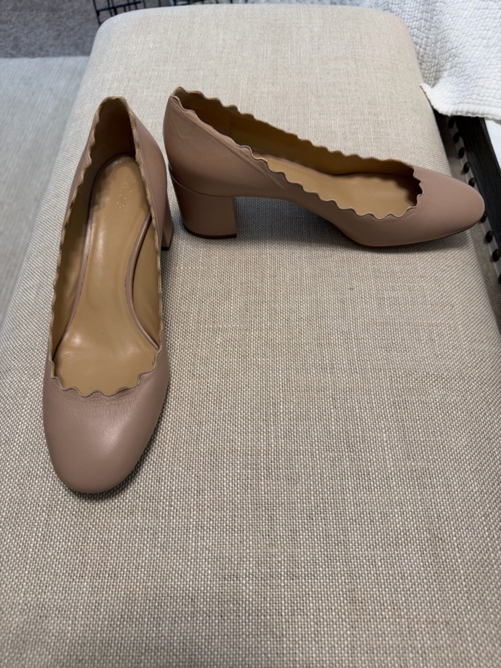 Chloe Leather Scalloped Edge Block Heel Pumps Nude/Tan.